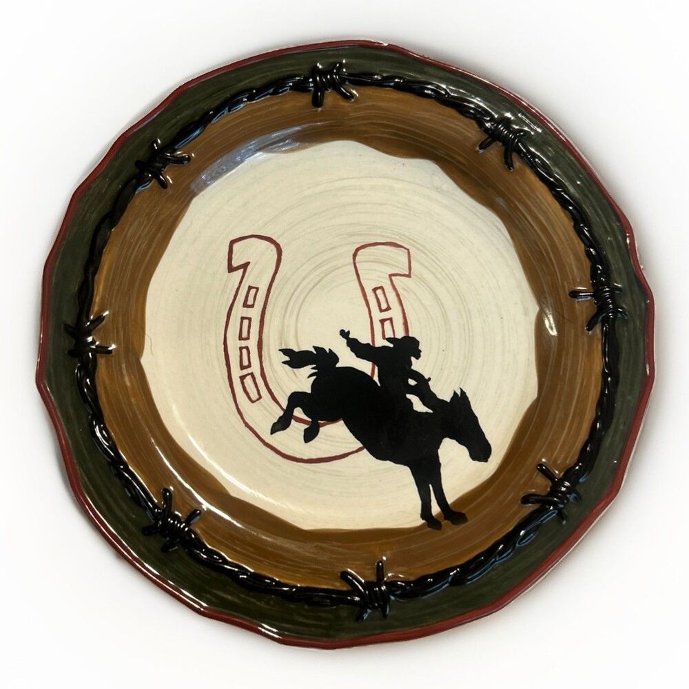 Sonoma Western Salad Plate Happy Trails 8.75” Horse Cowboy Rodeo Green Horseshoe